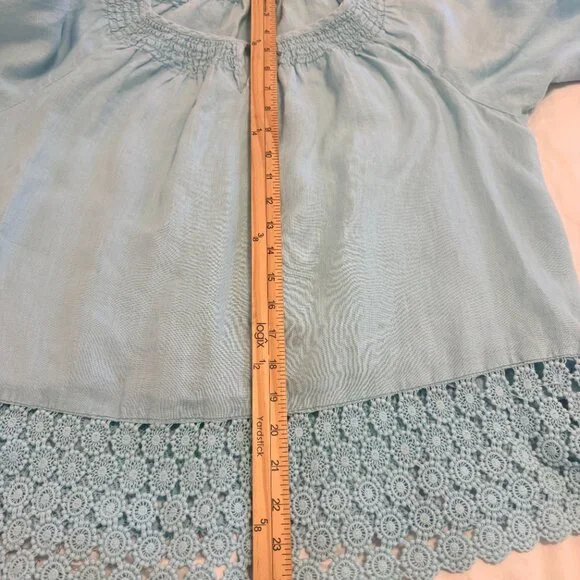 Charter Club Linen Luxury Blue Peasant Style Smocked Neckline Top Size 2X - Picture 11 of 12